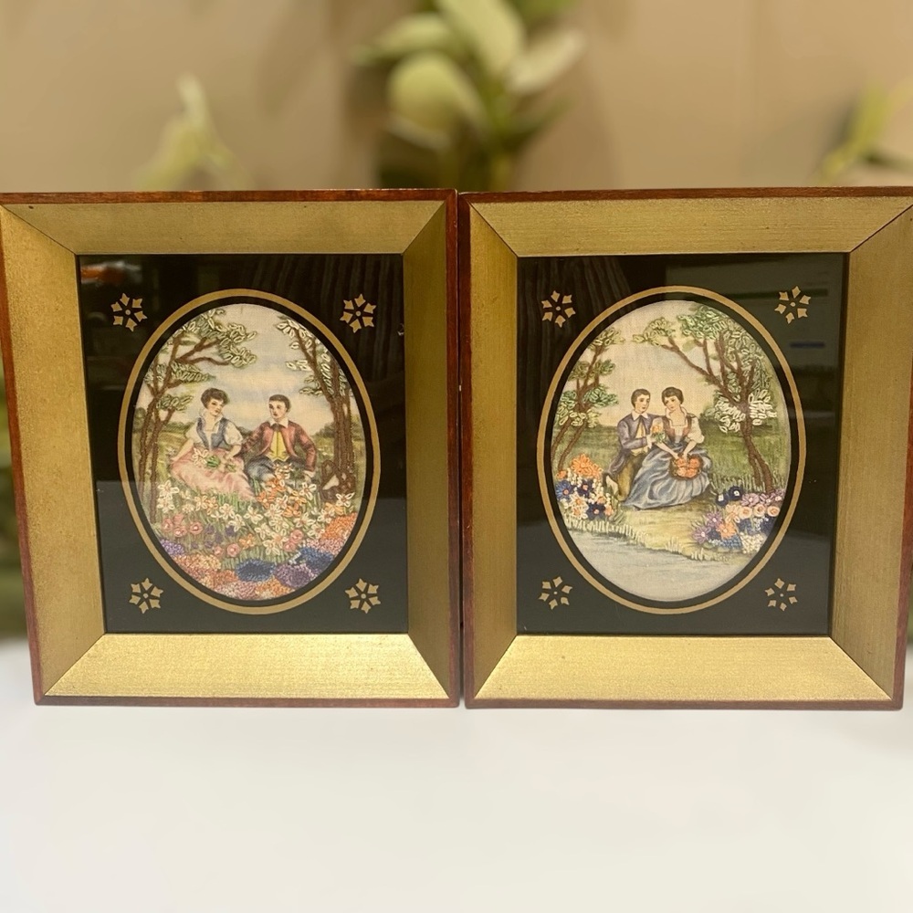 Antique Embroidered Silk c1930s Framed Set 2 Wall Hanging Pictures Needlepoint